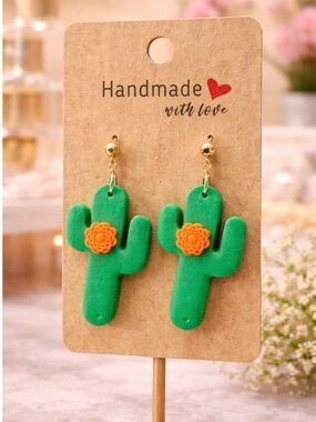 ⚠️ 5/25: Handmade Green Cactus Dangle Earrings with Orange Flower Accent